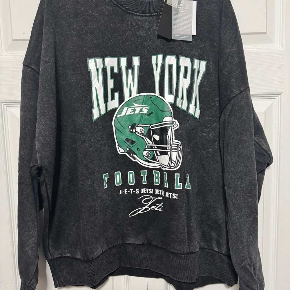 New York Jets Black Mineral Wash Graphic Sweatshirt